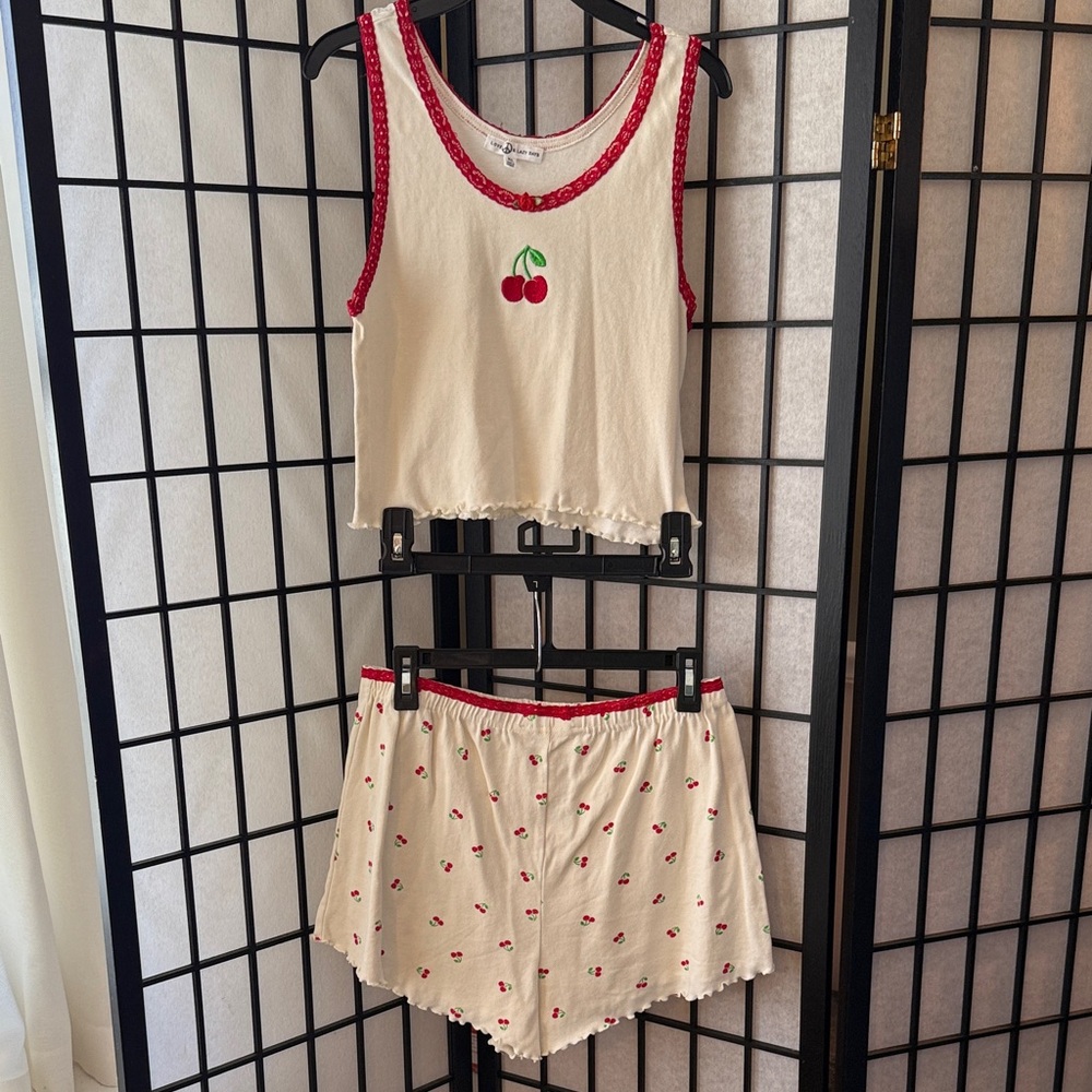 Cream Cherry-Print Sleep Set with Red Trim
